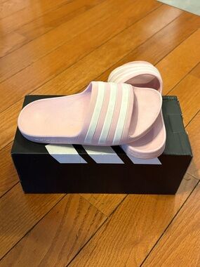 Adidas Girls Pink Slide Sandals with White Stripes, Size 13